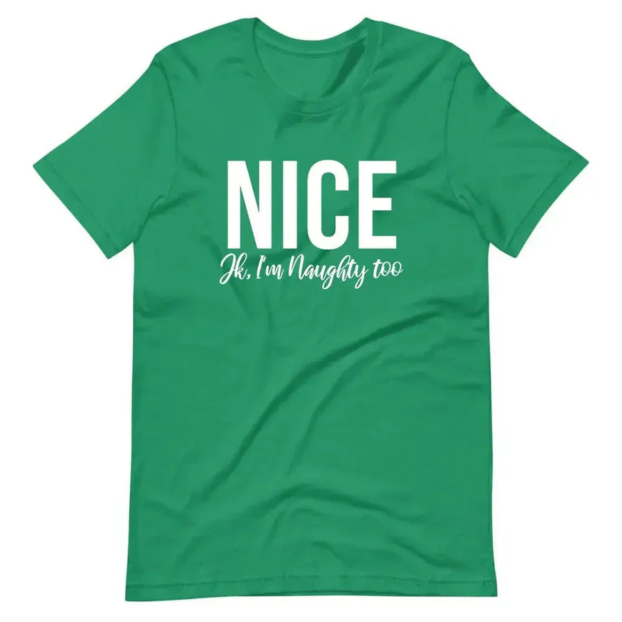 May include a pair of unisex t-shirts with the words ‘Naughty’ and ‘Nice’ printed, designed as matching Christmas couples graphic tees.