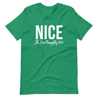 May include a pair of unisex t-shirts with the words ‘Naughty’ and ‘Nice’ printed, designed as matching Christmas couples graphic tees.