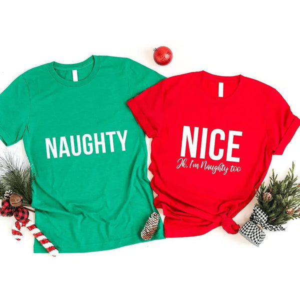 May include a pair of unisex t-shirts with the words ‘Naughty’ and ‘Nice’ printed, designed as matching Christmas couples graphic tees.