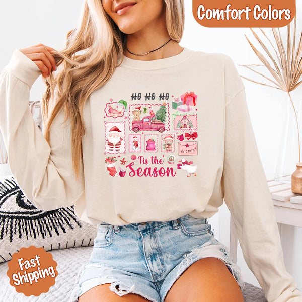 May include a Comfort Colors long sleeve unisex Christmas shirt with “Ho Ho Ho Tis The Season” text design in festive holiday style.