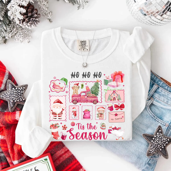 May include a Comfort Colors long sleeve unisex Christmas shirt with “Ho Ho Ho Tis The Season” text design in festive holiday style.