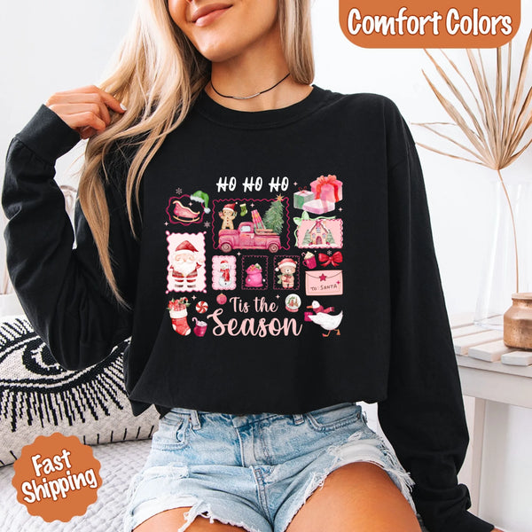May include a Comfort Colors long sleeve unisex Christmas shirt with “Ho Ho Ho Tis The Season” text design in festive holiday style.