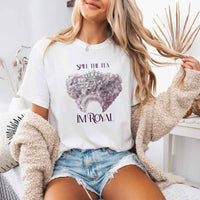 May include a person wearing a White Comfort Colors Spill the Tea I’m Royal T-Shirt featuring regency gossip inspired graphic and relaxed fit.
