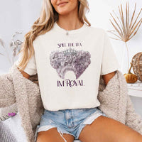 May include a person wearing a Ivory Comfort Colors Spill the Tea I’m Royal T-Shirt featuring regency gossip inspired graphic and relaxed fit.