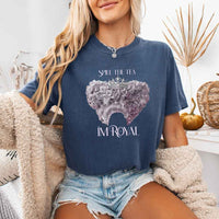 May include a person wearing a Denim Comfort Colors Spill the Tea I’m Royal T-Shirt featuring regency gossip inspired graphic and relaxed fit.