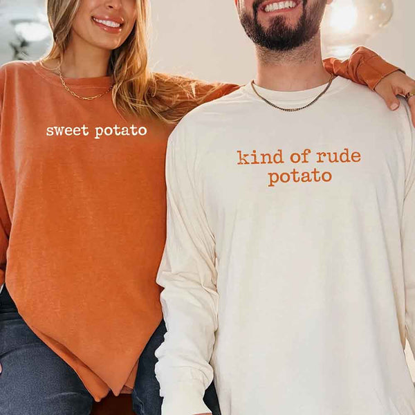 May include a pair of matching fall-themed couple longsleeve shirts from Comfort Colors featuring playful “Sweet Potato” and “Rude Potato” designs. The shirts are styled with humorous graphics or text in warm autumn tones, perfect for couples celebrating the season with a lighthearted touch.