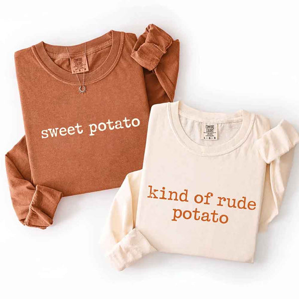 May include a pair of matching fall-themed couple longsleeve shirts from Comfort Colors featuring playful “Sweet Potato” and “Rude Potato” designs. The shirts are styled with humorous graphics or text in warm autumn tones, perfect for couples celebrating the season with a lighthearted touch.