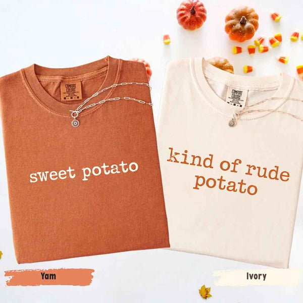 May include a pair of matching fall-themed couple t-shirts from Comfort Colors featuring playful “Sweet Potato” and “Rude Potato” designs. The shirts are styled with humorous graphics or text in warm autumn tones, perfect for couples celebrating the season with a lighthearted touch.