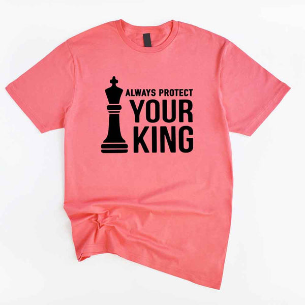 May include matching Chess Royalty Queen and King couple T-shirts in black with chess-inspired graphic designs