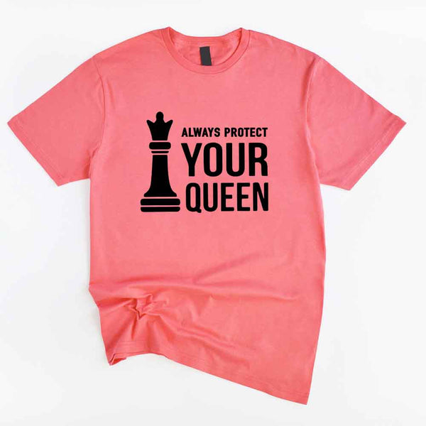 May include matching Chess Royalty Queen and King couple T-shirts in black with chess-inspired graphic designs