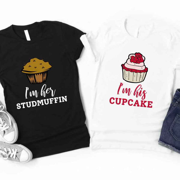 May include a cupcake-themed couple t-shirt with playful graphics symbolizing love and sweetness.