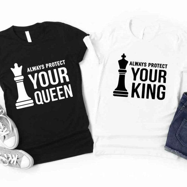 May include matching Chess Royalty Queen and King couple T-shirts in black with chess-inspired graphic designs
