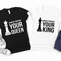 May include matching Chess Royalty Queen and King couple T-shirts in black with chess-inspired graphic designs