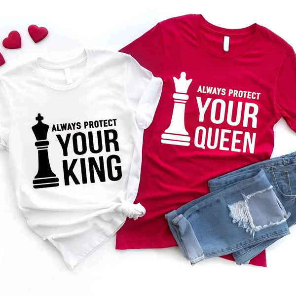 May include matching Chess Royalty Queen and King couple T-shirts in black with chess-inspired graphic designs