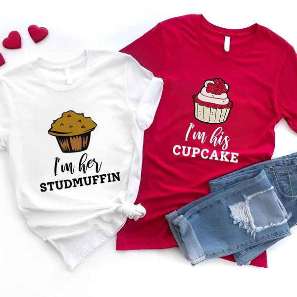 May include a cupcake-themed couple t-shirt with playful graphics symbolizing love and sweetness.