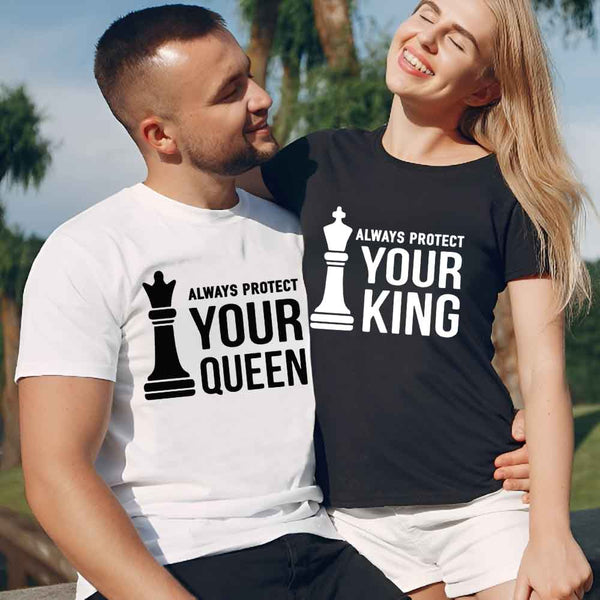 May include matching Chess Royalty Queen and King couple T-shirts in black with chess-inspired graphic designs