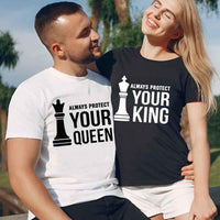 May include matching Chess Royalty Queen and King couple T-shirts in black with chess-inspired graphic designs