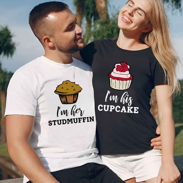 May include a cupcake-themed couple t-shirt with playful graphics symbolizing love and sweetness.