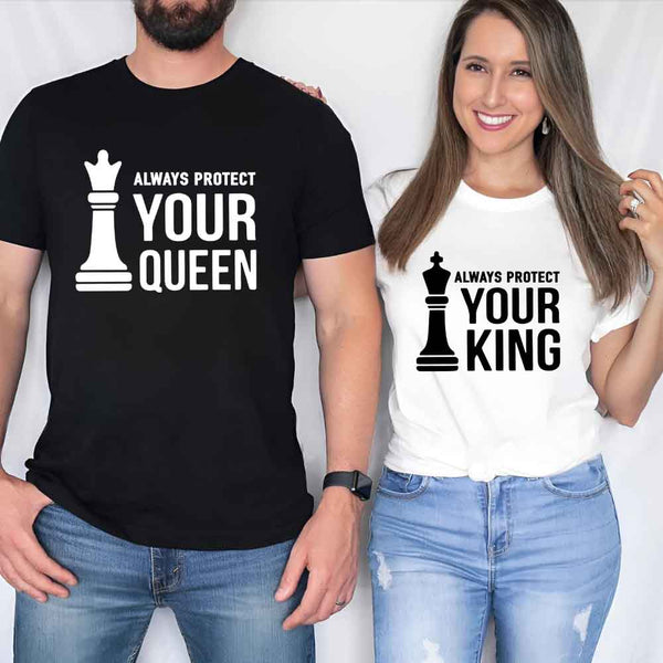 May include matching Chess Royalty Queen and King couple T-shirts in black with chess-inspired graphic designs