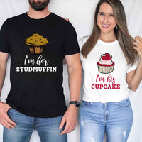 May include a cupcake-themed couple t-shirt with playful graphics symbolizing love and sweetness.