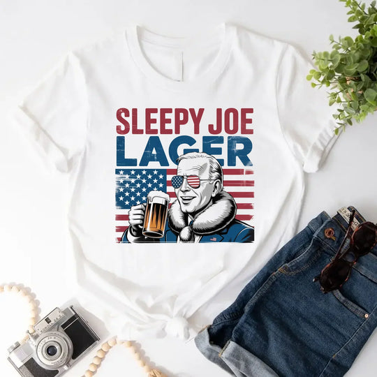 Sleepy Joe Lager 4th of July Shirt – Funny Biden Beer Tee for Independence Day WHITE