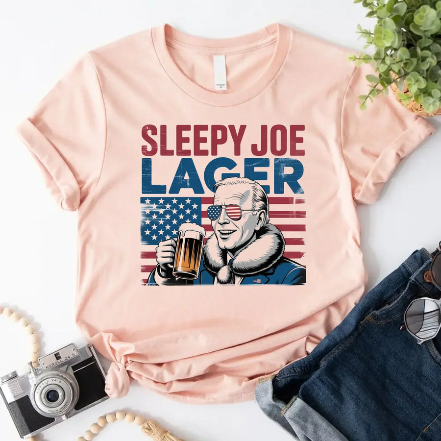 Sleepy Joe Lager 4th of July Shirt – Funny Biden Beer Tee for Independence Day PEACH