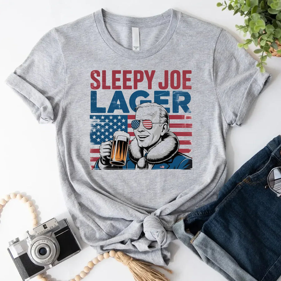 Sleepy Joe Lager 4th of July Shirt – Funny Biden Beer Tee for Independence Day GREY