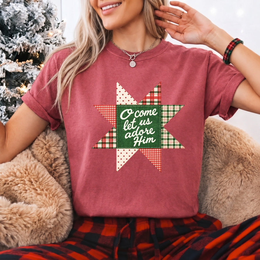 May include an O Come Let Us Adore Him Comfort Colors Christmas T-Shirt featuring a Christian holiday message inspired by a beloved Christmas hymn, designed for church services, family gatherings, worship events, and meaningful seasonal gifting.