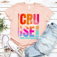 May include a vibrant t-shirt design featuring the phrase “CRUISE SQUAD 2025” with tropical elements such as palm trees, a cruise ship, and sunset gradient colors. The text “Making Memories Together” and “Your Destination” add a personalized vacation theme celebrating group travel.