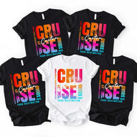 May include a vibrant t-shirt design featuring the phrase “CRUISE SQUAD 2025” with tropical elements such as palm trees, a cruise ship, and sunset gradient colors. The text “Making Memories Together” and “Your Destination” add a personalized vacation theme celebrating group travel.