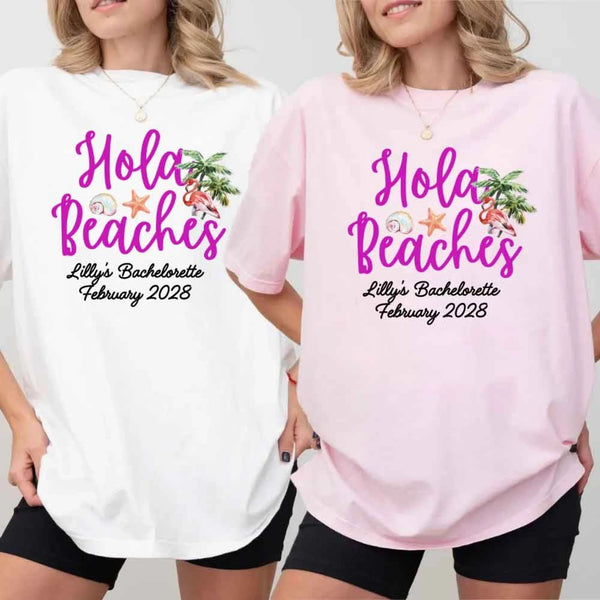 May include bridesmaids wearing custom matching beach bachelorette T-shirts, relaxed seaside setting with sand and ocean backdrop, coordinated bridal party outfits, smiling and celebrating together outdoors!