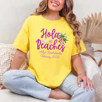May include Daisy bridesmaids wearing custom matching beach bachelorette T-shirts, relaxed seaside setting with sand and ocean backdrop, coordinated outfits, smiling and celebrating together outdoors!