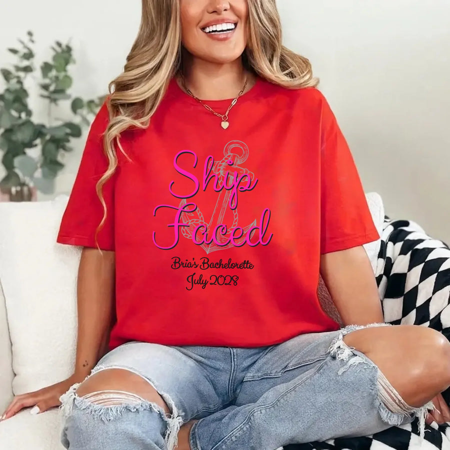 May include Red custom bridal shirt for bride and crew with nautical bachelorette party design, personalized matching tees for bride squad, bridesmaids, beach trip, boat party, and wedding celebration.