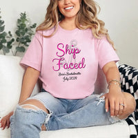 May include Pink custom bridal shirt for bride and crew with nautical bachelorette party design, personalized matching tees for bride squad, bridesmaids, beach trip, boat party, and wedding celebration.