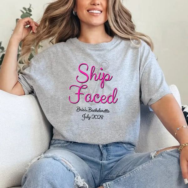 May include Grey custom bridal shirt for bride and crew with nautical bachelorette party design, personalized matching tees for bride squad, bridesmaids, beach trip, boat party, and wedding celebration.