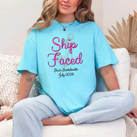 May include Turquoise custom bridal shirt for bride and crew with nautical bachelorette party design, personalized matching tees for bride squad, bridesmaids, beach trip, boat party, and wedding celebration.