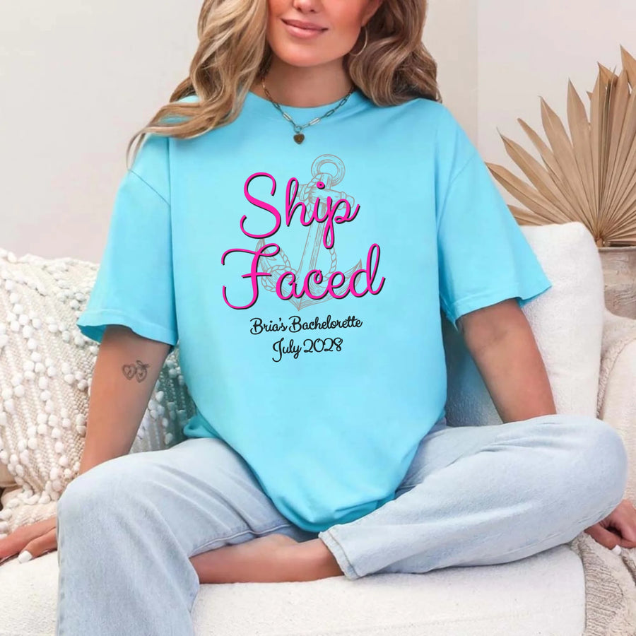 May include Turquoise custom bridal shirt for bride and crew with nautical bachelorette party design, personalized matching tees for bride squad, bridesmaids, beach trip, boat party, and wedding celebration.