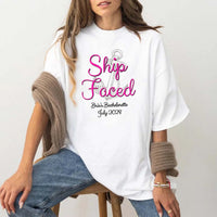May include White custom bridal shirt for bride and crew with nautical bachelorette party design, personalized matching tees for bride squad, bridesmaids, beach trip, boat party, and wedding celebration.