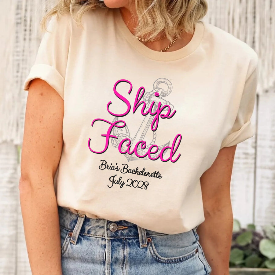 May include Cream custom bridal shirt for bride and crew with nautical bachelorette party design, personalized matching tees for bride squad, bridesmaids, beach trip, boat party, and wedding celebration.