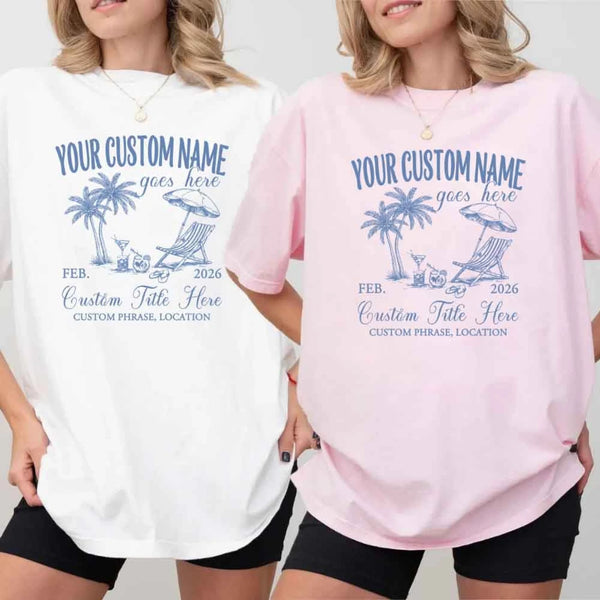 May include luxury bachelorette coastal beach cocktail T-shirts with “Social Club” custom name design, stylish bridal party wearing matching outfits, seaside celebration, elegant fun gathering vibe!