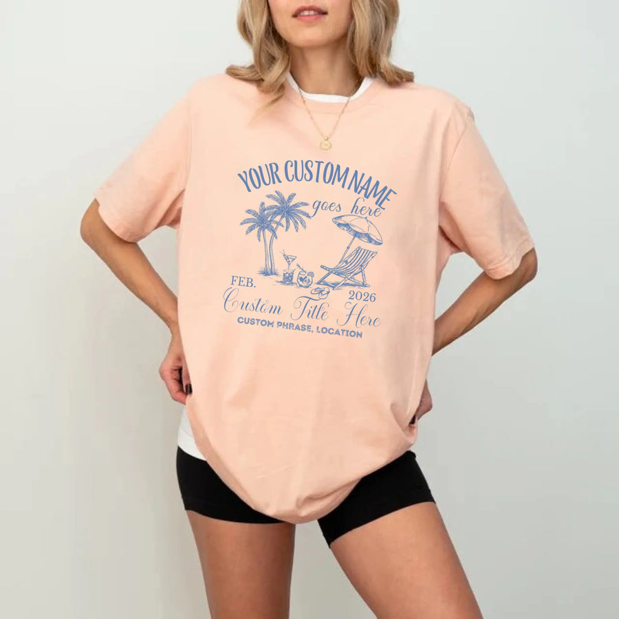 May include Peach luxury bachelorette coastal beach cocktail T-shirts with “Social Club” custom name design, stylish bridal party wearing matching outfits, seaside celebration, elegant fun gathering vibe!
