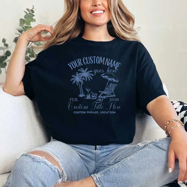 May include Black luxury bachelorette coastal beach cocktail T-shirts with “Social Club” custom name design, stylish bridal party wearing matching outfits, seaside celebration, elegant fun gathering vibe!
