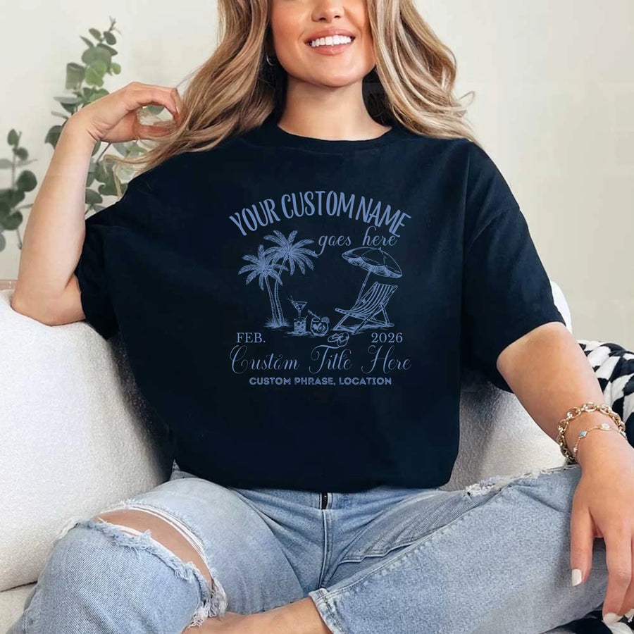 May include Black luxury bachelorette coastal beach cocktail T-shirts with “Social Club” custom name design, stylish bridal party wearing matching outfits, seaside celebration, elegant fun gathering vibe!