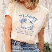 May include Cream luxury bachelorette coastal beach cocktail T-shirts with “Social Club” custom name design, stylish bridal party wearing matching outfits, seaside celebration, elegant fun gathering vibe!