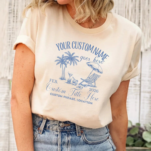 May include Cream luxury bachelorette coastal beach cocktail T-shirts with “Social Club” custom name design, stylish bridal party wearing matching outfits, seaside celebration, elegant fun gathering vibe!