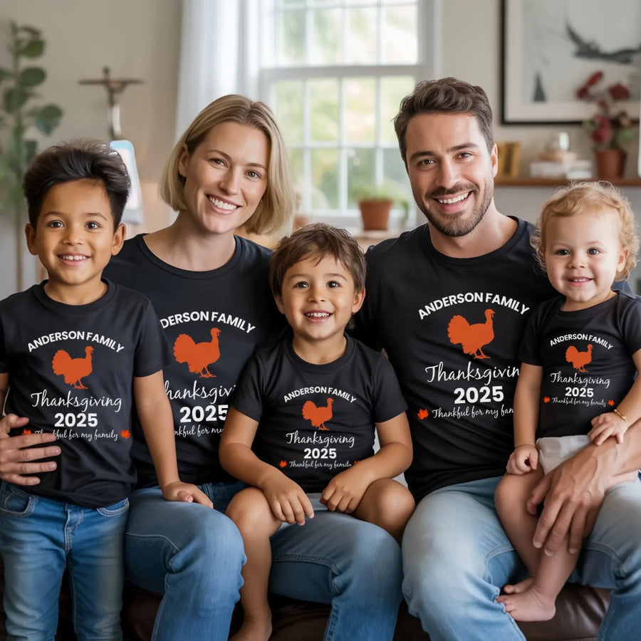 May include matching family t-shirts with a Thankful Fall theme, personalized with individual names, designed for Thanksgiving gatherings.