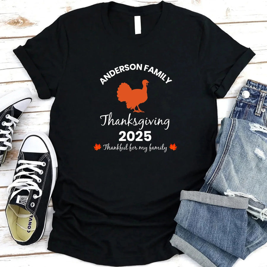 May include matching family t-shirts with a Thankful Fall theme, personalized with individual names, designed for Thanksgiving gatherings.