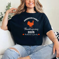 May include matching family t-shirts with a Thankful Fall theme, personalized with individual names, designed for Thanksgiving gatherings.