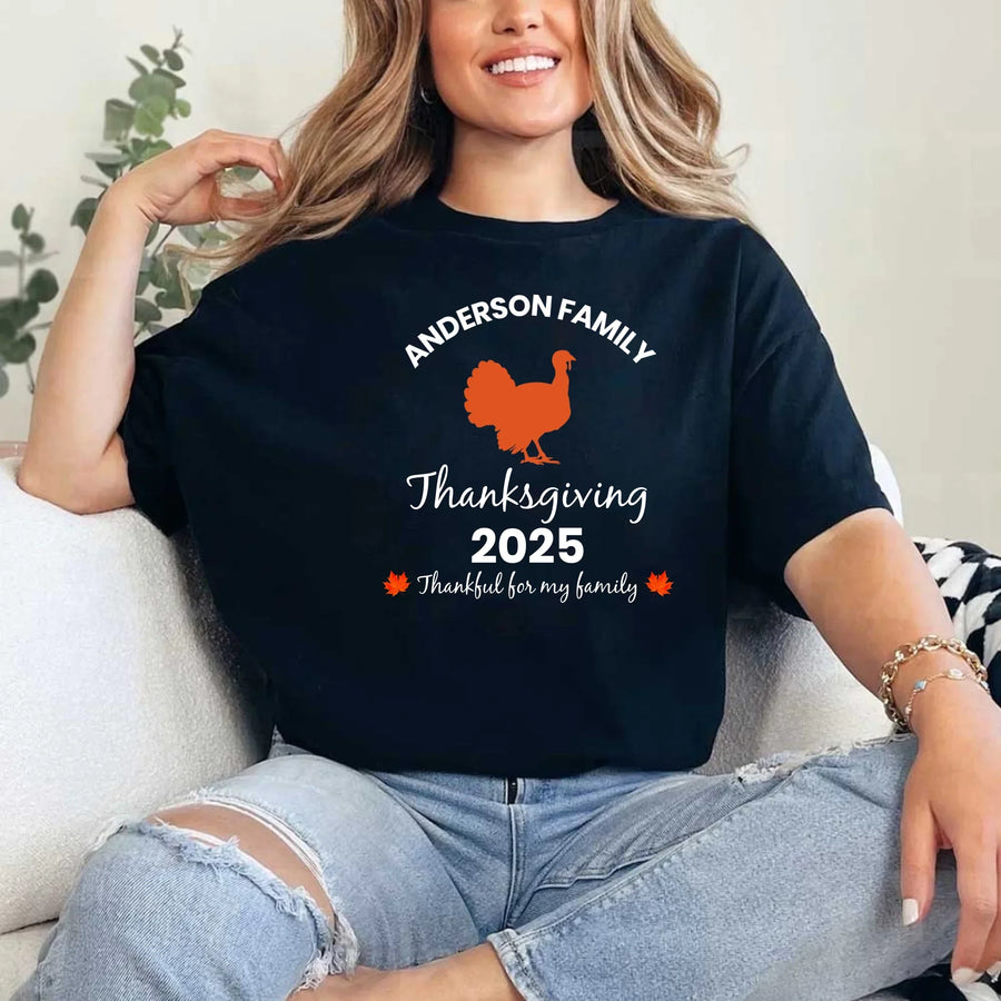 May include matching family t-shirts with a Thankful Fall theme, personalized with individual names, designed for Thanksgiving gatherings.