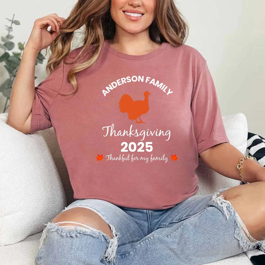 May include matching family t-shirts with a Thankful Fall theme, personalized with individual names, designed for Thanksgiving gatherings.